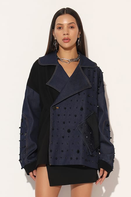 Shop_Linetribe__Blue Denim Studs, Beads V-neck Quasar Embroidered Oversized Jacket _Online_at_Aza_Fashions