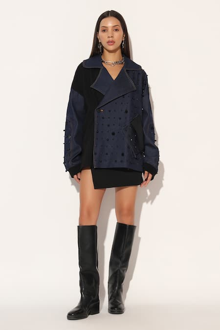 Linetribe__Blue Denim Studs, Beads V-neck Quasar Embroidered Oversized Jacket _at_Aza_Fashions