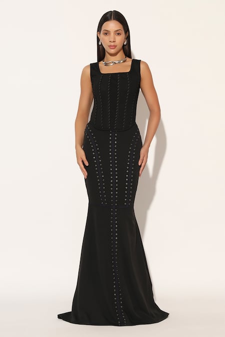 Linetribe__Black Crepe Zephora Long Skirt _at_Aza_Fashions