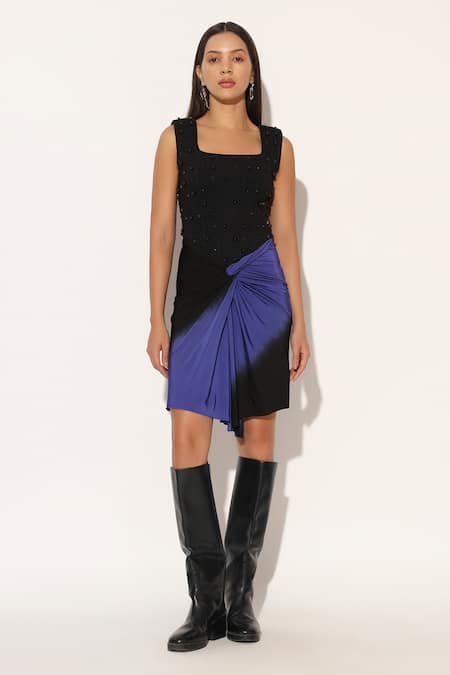 Linetribe__Blue Crepe Beads, Studs Square Neck Valyra Corsetted Dress _Online_at_Aza_Fashions