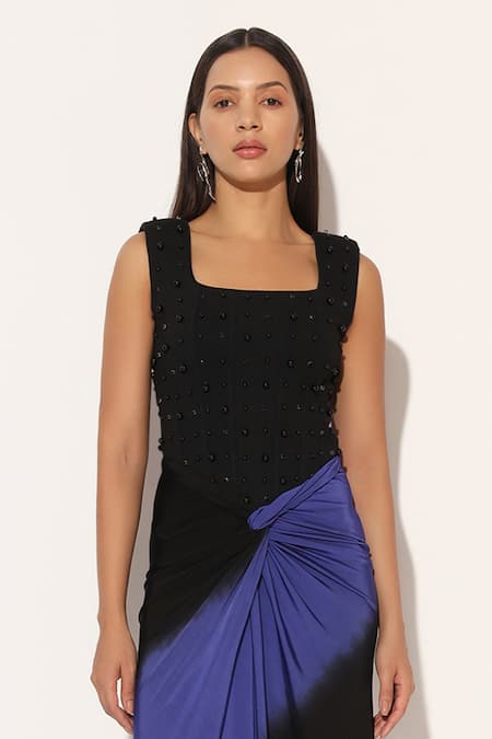 Shop_Linetribe__Blue Crepe Beads, Studs Square Neck Valyra Corsetted Dress _Online_at_Aza_Fashions