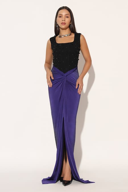 Linetribe__Black Crepe Beads Square Neck Auryth Embellished Corset Gown _Online_at_Aza_Fashions