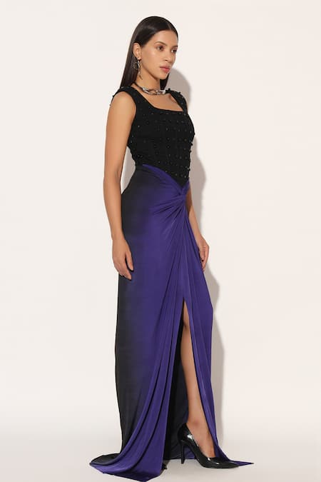 Buy_Linetribe__Black Crepe Beads Square Neck Auryth Embellished Corset Gown _Online_at_Aza_Fashions