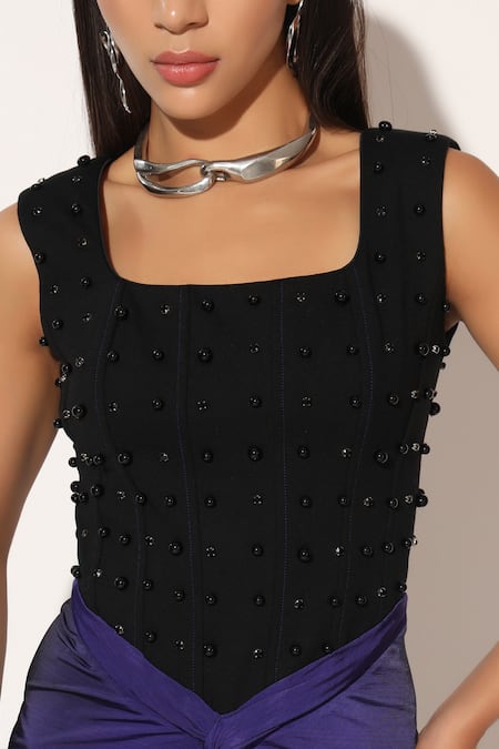 Linetribe__Black Crepe Beads Square Neck Auryth Embellished Corset Gown _at_Aza_Fashions