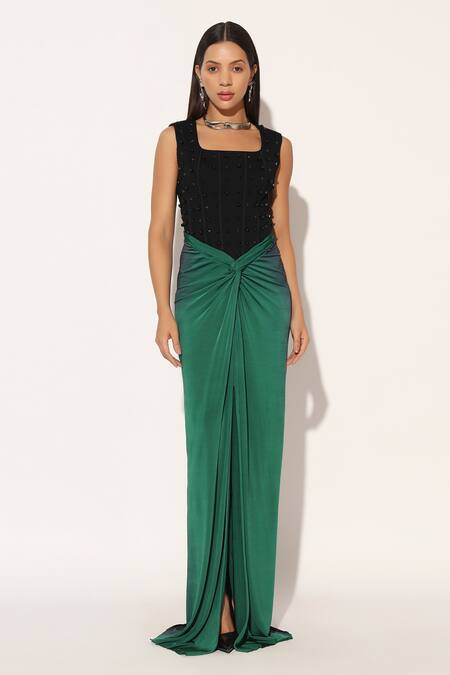 Buy_Linetribe__Green Crepe Beads Square Neck Auryth Draped Corseted Gown _Online_at_Aza_Fashions