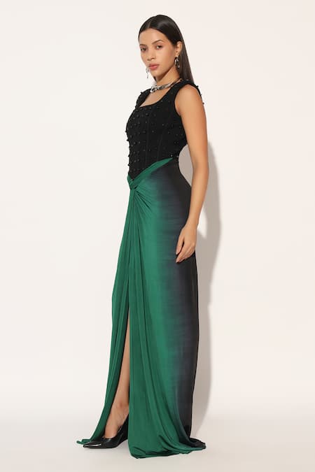Shop_Linetribe__Green Crepe Beads Square Neck Auryth Draped Corseted Gown _Online_at_Aza_Fashions