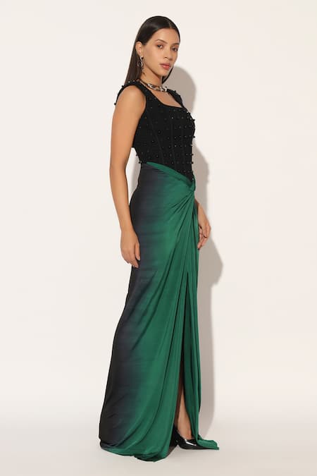 Linetribe__Green Crepe Beads Square Neck Auryth Draped Corseted Gown _at_Aza_Fashions
