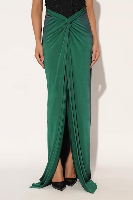 Buy_Linetribe__Green Crepe Beads Square Neck Auryth Draped Corseted Gown 
