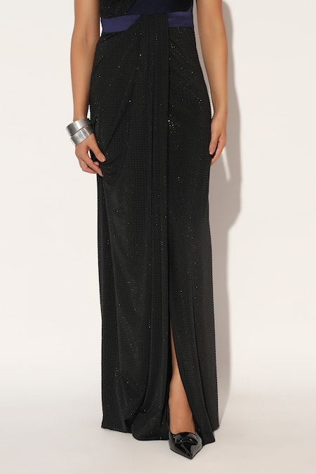 Linetribe__Black Lycra Sequins, Embroidery One Shoulder Orivyn Draped Gown _Online_at_Aza_Fashions