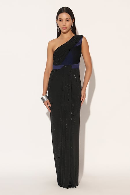 Buy_Linetribe__Black Lycra Sequins, Embroidery One Shoulder Orivyn Draped Gown _Online_at_Aza_Fashions