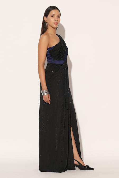 Linetribe__Black Lycra Sequins, Embroidery One Shoulder Orivyn Draped Gown _at_Aza_Fashions