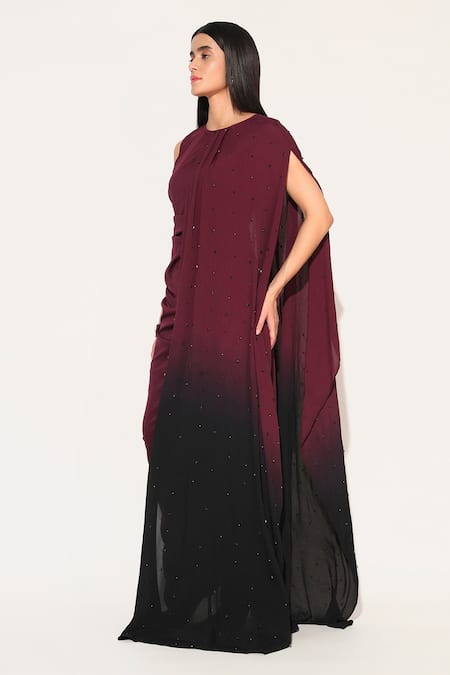 Shop_Linetribe__Maroon Crepe Beads Round Neck Callistra Draped Gown _Online_at_Aza_Fashions