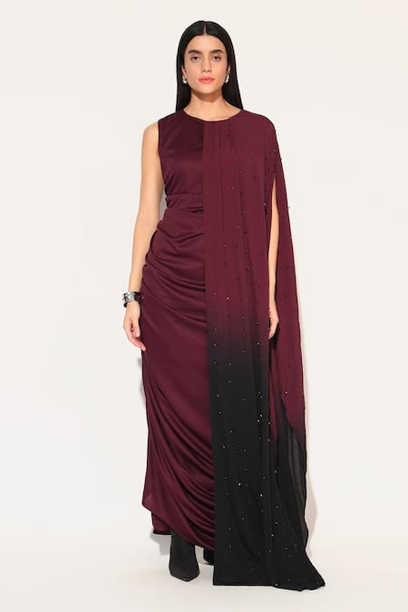 Linetribe__Maroon Crepe Beads Round Neck Callistra Draped Gown _at_Aza_Fashions