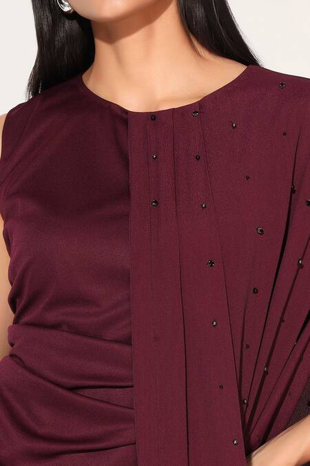 Buy_Linetribe__Maroon Crepe Beads Round Neck Callistra Draped Gown 