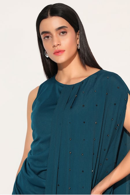 Linetribe__Green Crepe Beads Round Neck Callistra Draped Gown _Online_at_Aza_Fashions