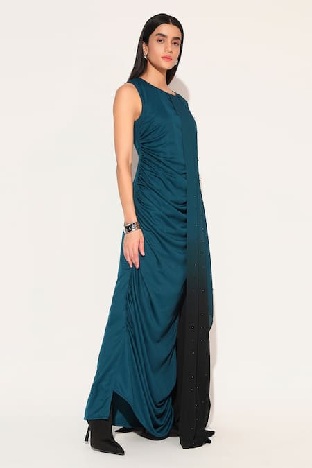 Buy_Linetribe__Green Crepe Beads Round Neck Callistra Draped Gown _Online_at_Aza_Fashions
