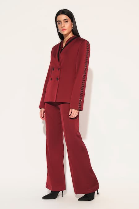 Linetribe__Maroon Crepe Solira Embellished Blazer With Pant _Online_at_Aza_Fashions