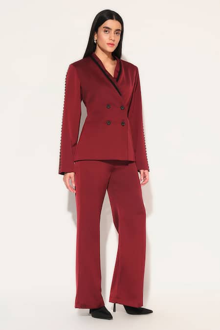 Shop_Linetribe__Maroon Crepe Solira Embellished Blazer With Pant _Online_at_Aza_Fashions