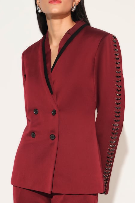 Linetribe__Maroon Crepe Solira Embellished Blazer With Pant _at_Aza_Fashions