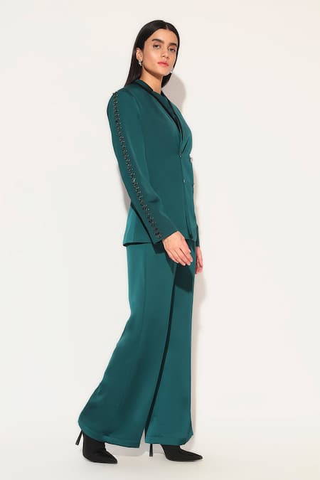 Linetribe__Emerald Green Crepe Beads Solira Embellished Blazer With Pant _Online_at_Aza_Fashions