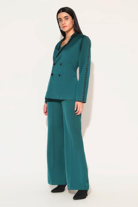 Buy_Linetribe__Emerald Green Crepe Beads Solira Embellished Blazer With Pant _Online_at_Aza_Fashions