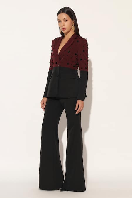 Buy_Linetribe__Maroon Crepe Beads Stellix Structured Blazer And Trouser Set _Online_at_Aza_Fashions