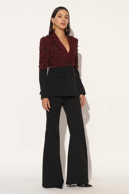 Shop_Linetribe__Maroon Crepe Beads Stellix Structured Blazer And Trouser Set _Online_at_Aza_Fashions