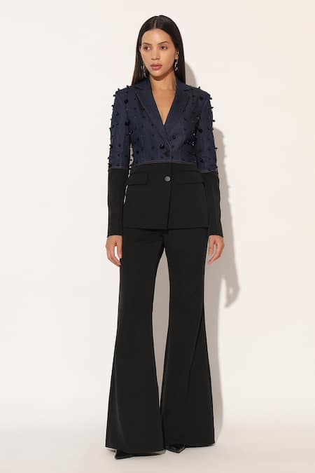 Buy_Linetribe__Blue Denim, Crepe Beads Stellix Panelled Blazer With Trouser _Online_at_Aza_Fashions