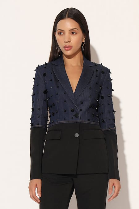 Linetribe__Blue Denim, Crepe Beads Stellix Panelled Blazer With Trouser _at_Aza_Fashions