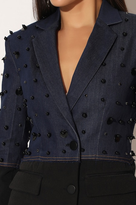 Buy_Linetribe__Blue Denim, Crepe Beads Stellix Panelled Blazer With Trouser 