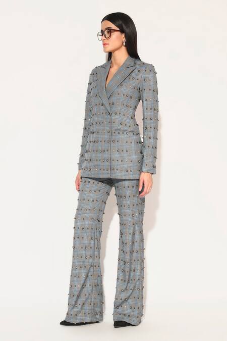 Buy_Linetribe__Gray Suiting Studs Noxira Embroidered Blazer With Pant _Online_at_Aza_Fashions