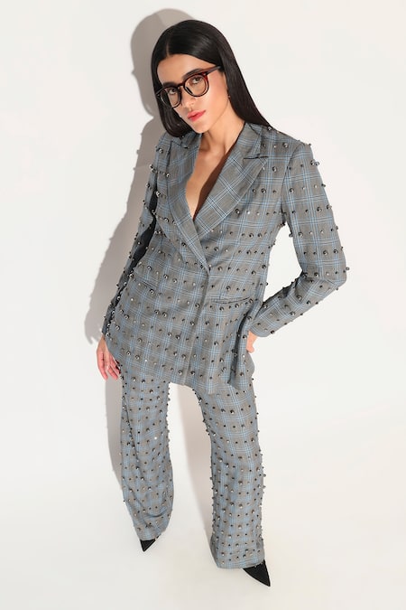 Linetribe__Gray Suiting Studs Noxira Embroidered Blazer With Pant _at_Aza_Fashions