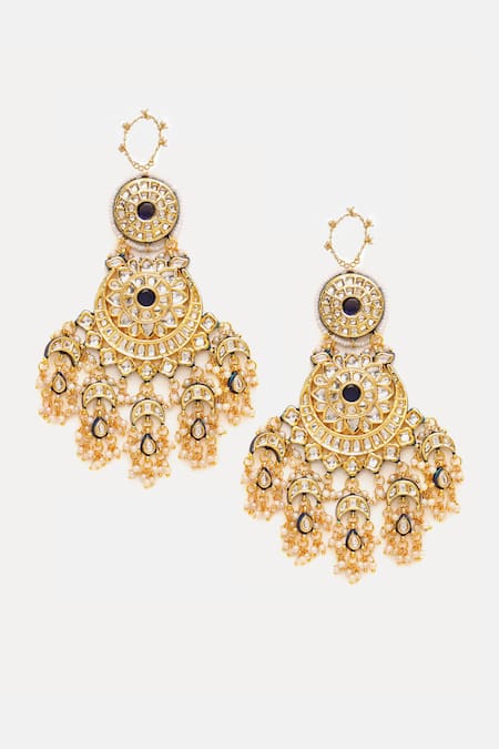 Ruby Raang_Gold Plated Stones, Pearls Kundan Chand Earrings  _at_Aza_Fashions