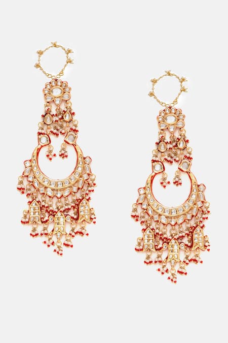 Ruby Raang_Multi Color Stones, Pearls, Beads Kundan Chand Earrings  _at_Aza_Fashions