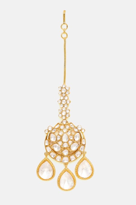 Shop_Ruby Raang_Gold Plated Kundan Drops Chand Maangtikka _Online_at_Aza_Fashions