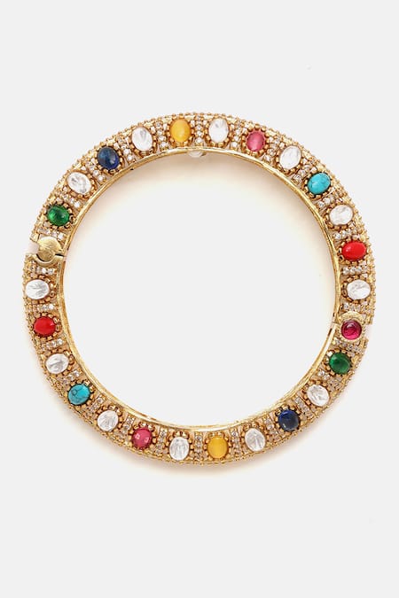 Shop_Ruby Raang_Multi Color Stones, Crystals Kundan Studded Bracelet _Online_at_Aza_Fashions