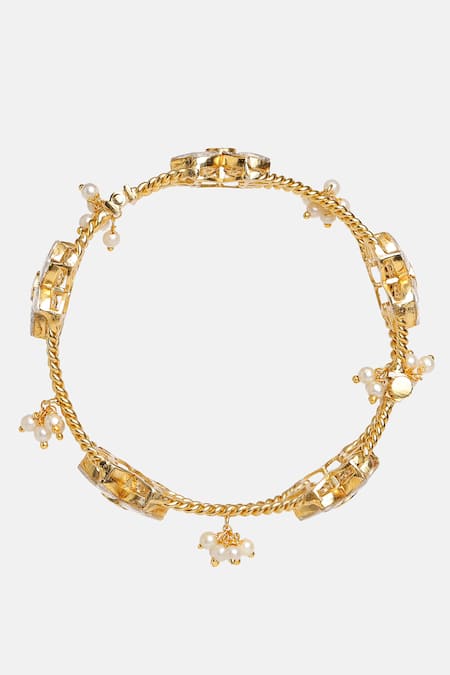Buy_Ruby Raang_Gold Plated Stones, Pearls Floral Kundan Bracelet _Online_at_Aza_Fashions