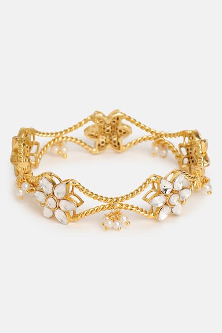 Shop_Ruby Raang_Gold Plated Stones, Pearls Floral Kundan Bracelet _Online_at_Aza_Fashions