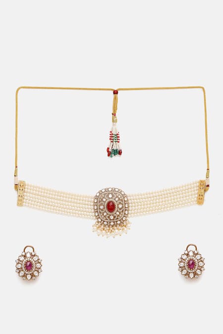 Ruby Raang Maroon Pearls, Stones, Faux Diamonds And Kundan Necklace With Stud Earrings Online at Aza Fashions Ruby Raang_Maroon Pearls, Stones, Faux Diamonds And Kundan Necklace With Stud Earrings _Online_at_Aza_Fashions