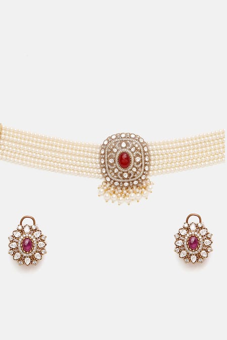 Buy Ruby Raang Maroon Pearls, Stones, Faux Diamonds And Kundan Necklace With Stud Earrings Buy_Ruby Raang_Maroon Pearls, Stones, Faux Diamonds And Kundan Necklace With Stud Earrings