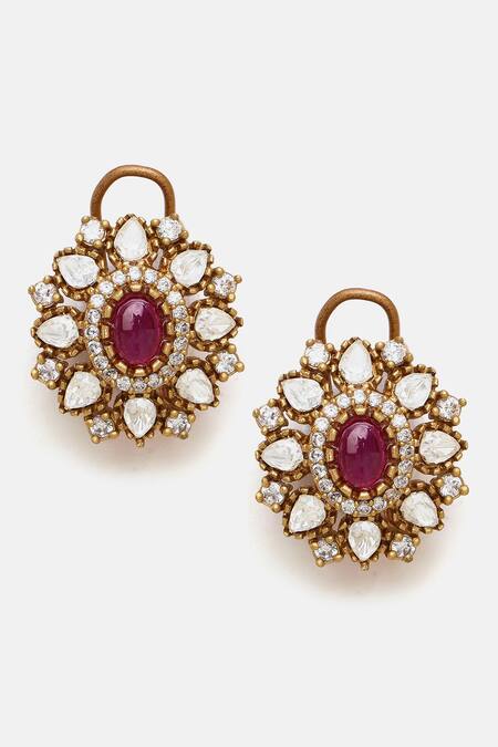 Shop Ruby Raang Maroon Pearls, Stones, Faux Diamonds And Kundan Necklace With Stud Earrings Shop_Ruby Raang_Maroon Pearls, Stones, Faux Diamonds And Kundan Necklace With Stud Earrings