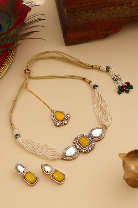 Ruby Raang Stone & Moissanite Embellished Necklace Set 