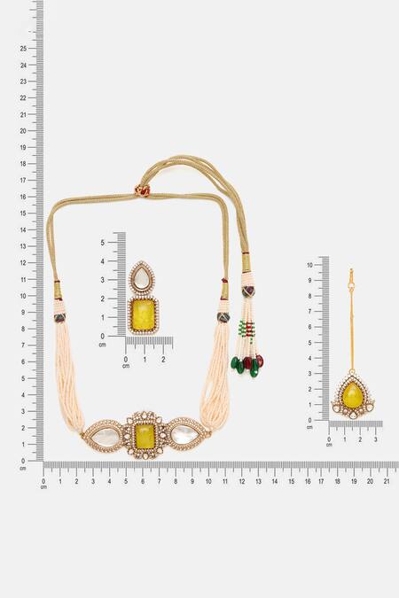Buy_Ruby Raang_Yellow Stones, Pearls, Crystals And Moissanite Embellished Necklace Set _Online_at_Aza_Fashions