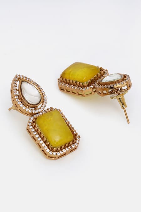 Shop_Ruby Raang_Yellow Stones, Pearls, Crystals And Moissanite Embellished Necklace Set _Online_at_Aza_Fashions