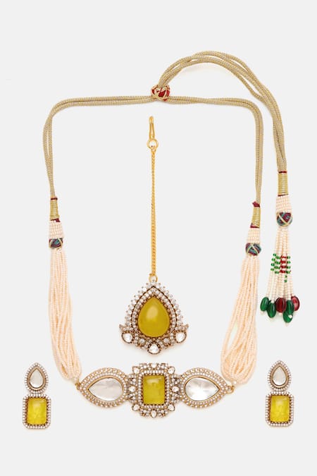 Ruby Raang_Yellow Stones, Pearls, Crystals And Moissanite Embellished Necklace Set _at_Aza_Fashions