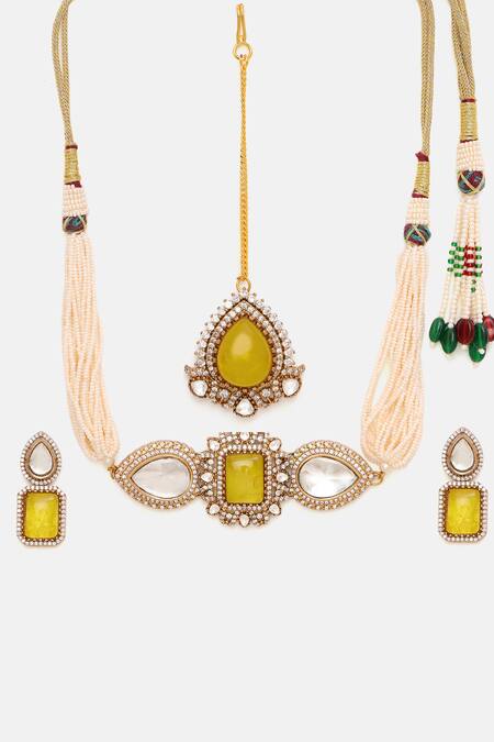 Buy_Ruby Raang_Yellow Stones, Pearls, Crystals And Moissanite Embellished Necklace Set 