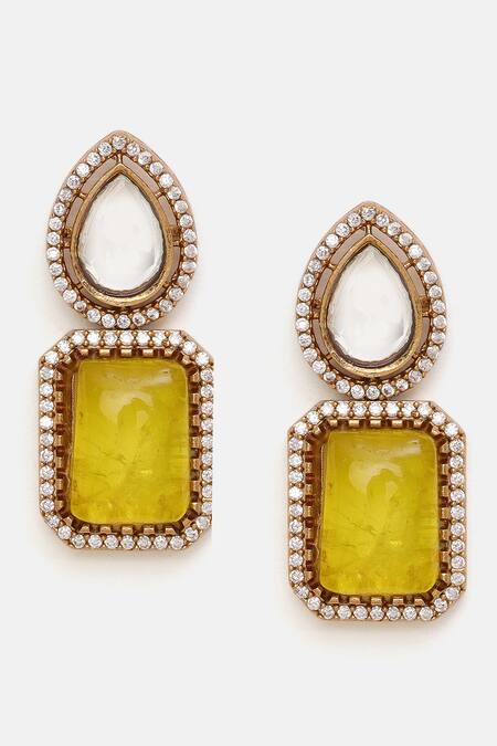 Shop_Ruby Raang_Yellow Stones, Pearls, Crystals And Moissanite Embellished Necklace Set 