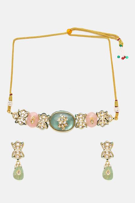 Ruby Raang Multi Color Stones, Pearls Kundan And Stonework Choker & Earrings Set Online at Aza Fashions Ruby Raang_Multi Color Stones, Pearls Kundan And Stonework Choker & Earrings Set _Online_at_Aza_Fashions