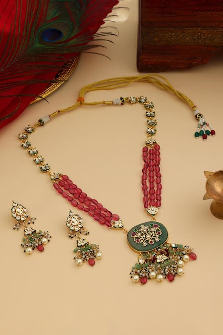 Ruby Raang Long Multi Kundan Necklace With Earrings 
