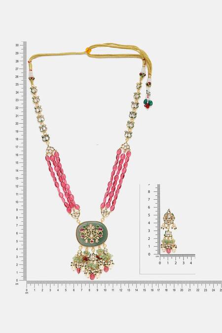 Ruby Raang Multi Color Stones, Pearls, Beads Long Kundan Necklace With Earrings Online at Aza Fashions Ruby Raang_Multi Color Stones, Pearls, Beads Long Kundan Necklace With Earrings _Online_at_Aza_Fashions